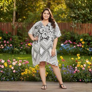 Floral Printed White Polyester Short Caftan Tunic Dress for Women by Gypsie Blu
